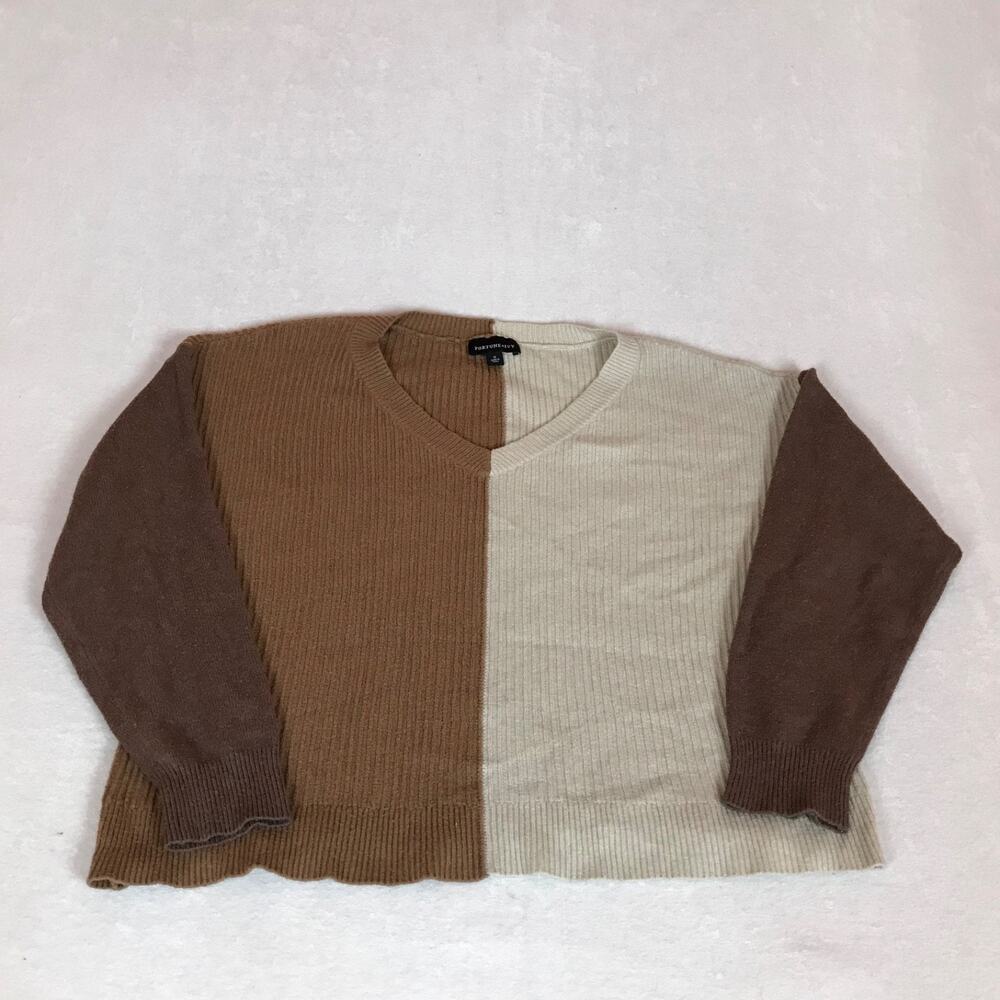 Fortune & Ivy Brown Cream Color Block Ribbed Chunky Knit V Neck Sweater Medium